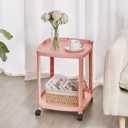 VECELO Rolling End Side Table with Lockable Wheels, 2‑Tier Plastic Mobile Sofa Side Table, Small Nightstand Storage Cart for Living Room Bedroom Bathroom, 1 PCS, Pink
