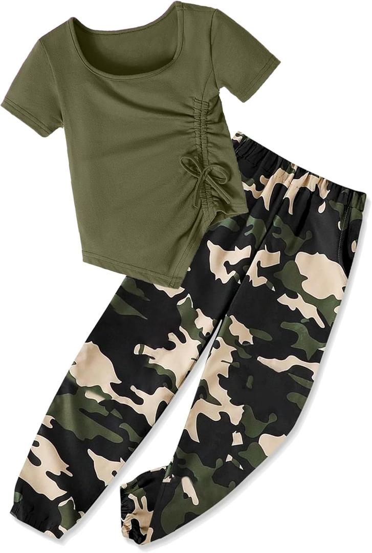 Sislerew Toddler Girl Clothes 6T Irregular Ruched Drawstring Short Sleeve Top and Girls Camouflage Pants 2Pcs Summer Girls Clothes Size 7 Green