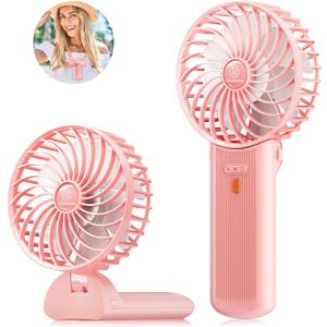 2 x JZCreater Mini Handheld Fan, Portable Rechargeable Fans, Quiet 4 Speed, 2in1 Battery Operated USB Desk Fan, Small Folding Stand Electric Fan for Travel Outdoor Home Office Makeup, Gift for Women (Pink)