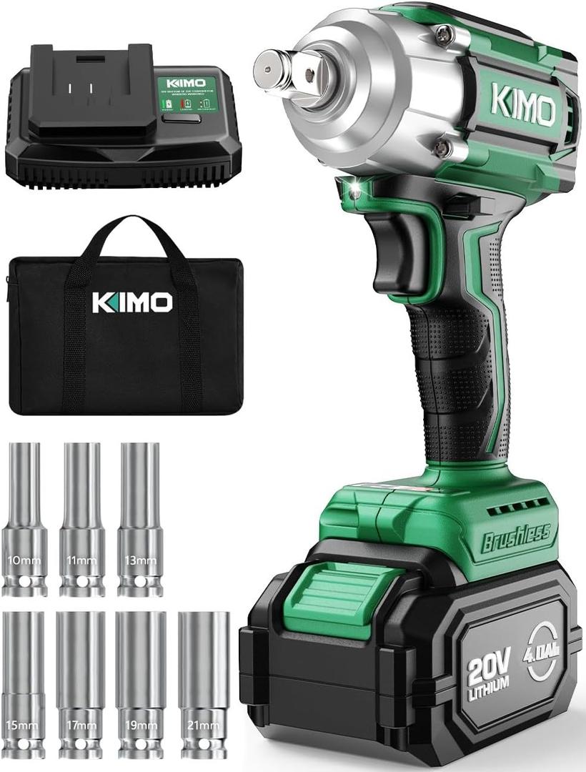 KIMO Cordless Impact Wrench, 1200N.m/900ft-lbs, 4000 RPM, 7Sockets High Torque Brushless Wrench with 3/8" Chuck, 4000mAh Li-ion Battery, Fast Charger, Variable Modes Power Impact Driver for Car Tires