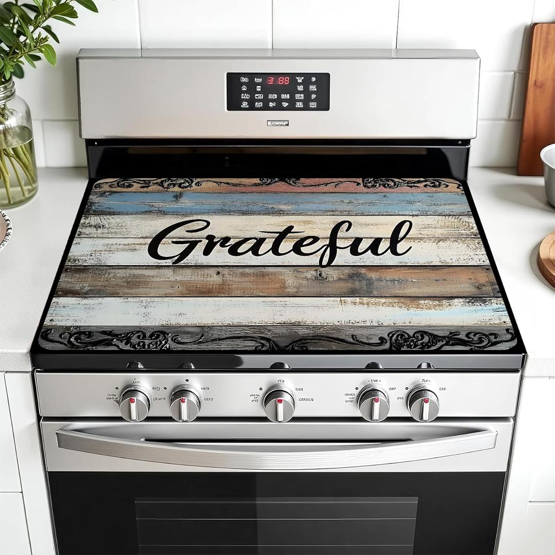 Multi-Design Stove Top Cover for Glass/Electric Stoves - 3-in-1 Heat-Resistant Protector Mat, Non-Slip Drying Rack 28"x20" (Grateful, 28" L x 20" W)