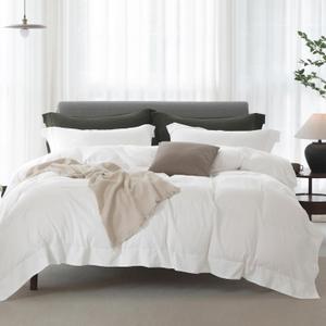 Cooling King Duvet Cover Set 3 Pieces-100% Washed Cotton with Chic Wide Trim Design Linen Like Textured Ultra Soft Cozy Bedding with Zipper Closure(Hemmed Off White,King 104"x90")