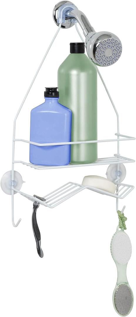 Zenna Home Rust Resistant Hanging Shower Caddy, Over the Shower Head Caddy with 1 Wide Shelf and Built In Soap Dish, Steel Bathroom Hanging Organizer, White