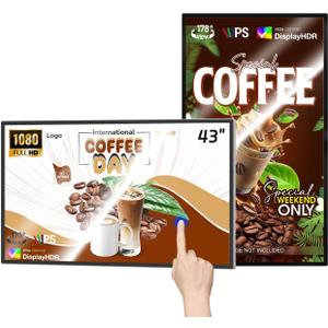 MWE 43 inch Wall Mount Digital Signage, FHD Touchscreen Monitor Android 14, Multi-Touch Screen Smart Split, Commercial Advertising Display, Time Switch, CMS Management, HD-MI/ USB/ WiFi/ for Windows