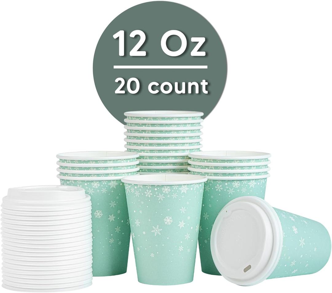 Restaurantware-Restpresso 12 Ounce Drinking Cups, 20 Hot Cups With Plastic Lids - Snowflake Design, Disposable, Light Blue Paper Coffee Cups, For Christmas Parties, Serve Hot And Cold Drinks