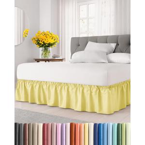 Wrap Around Dust Ruffle Bed Skirt - Yellow - for Queen Size Beds with 21 Inch Drop - Easy Fit Elastic Strap - Adjustable Pleated Bedskirt w/Brushed Fabric Wrinkle Free - for Women, Men, Kids & Teens