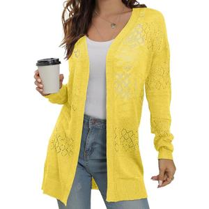 GRECERELLE Womens Lightweight Cardigan Casual Crochet Open Front Sweater Coverups with Pockets(Lemon Yellow, XX-Large)