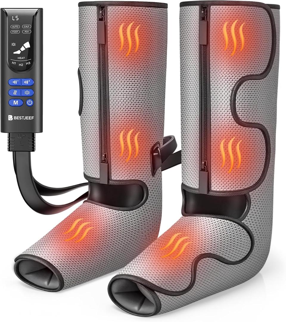 Air Compression Leg Massager with Heat : Foot and Calf Massager for Circulation and Pain Relief - 9 Intensity, 4 Modes, 3 Heating, Vibration, for Sitting/Standing Jobs & Home Use