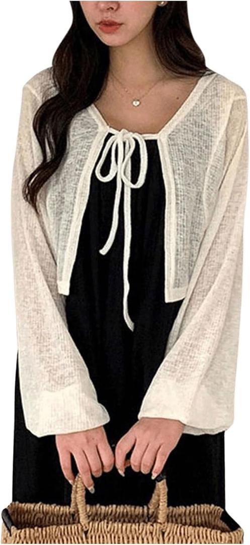 Milumia Women's Tie Front Lantern Long Sleeve Cardigans Knit Lightweight Crop Tops (S)