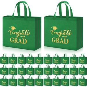 JaGely 30 Pcs 2026 Graduation Gift Bags with Handles Bulk Reusable Non Woven Congrats Grad Tote Bags 11 x 12 x 5 Inch Graduation Party Favors for College High School Graduate Decorations(Green)