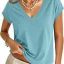 GKBK Womens Cotton Tops Cap Short Sleeve Crop V Neck T Shirts Boxy Casual Basic Spring Summer Tee (Blue, M)