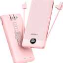 VEGER Portable Charger with Built-in AC Plug and Cables, All in One 10000mAh Ultra Slim Power Bank Travel Essentials, Fast Charging Battery Pack Compatible with iPhone, Samsung, Android (Crepe)