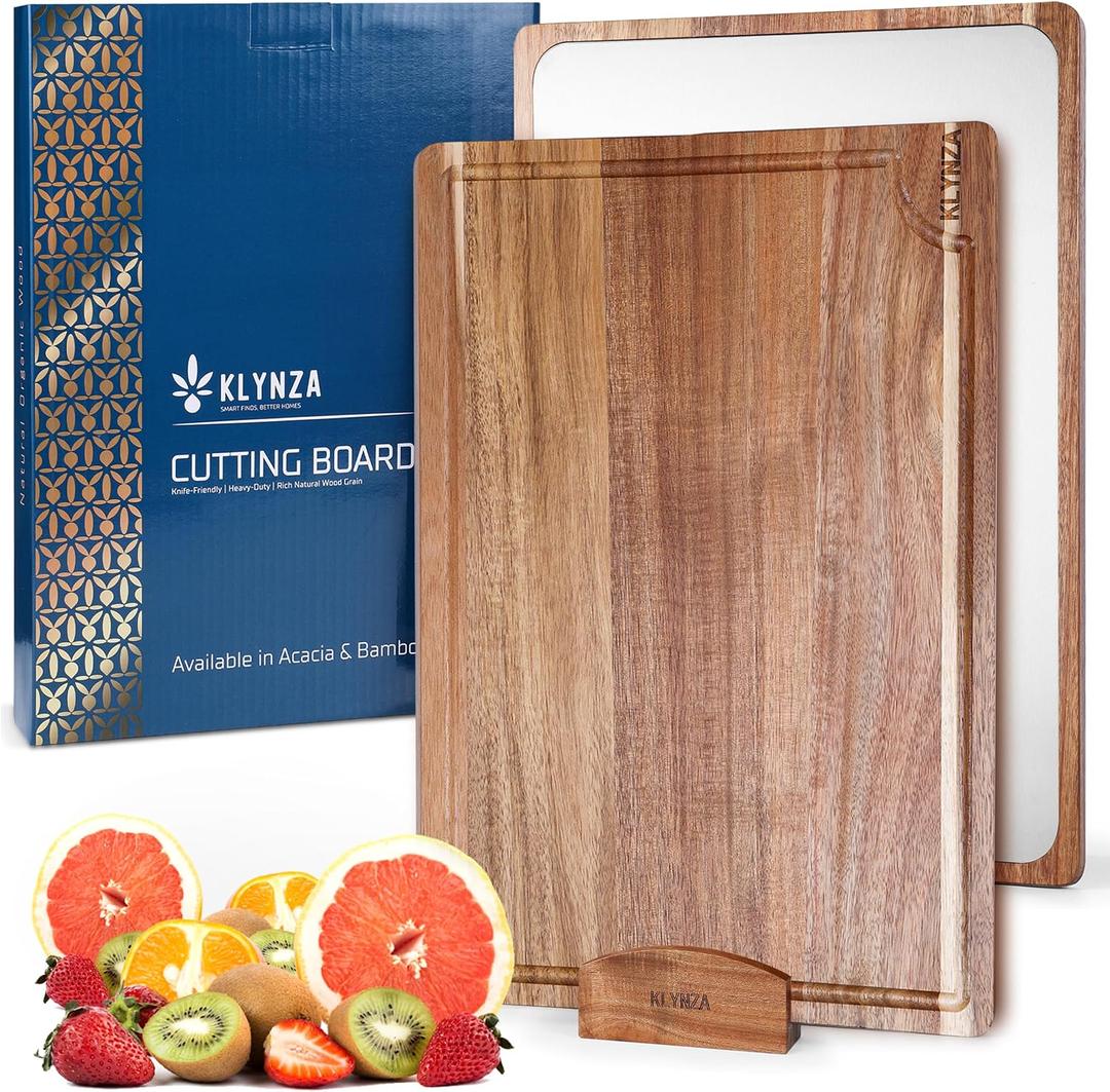 Double-Sided Titanium Cutting Board with Display Stand | Bamboo & Acacia Wood Options | Reversible Titanium Surface | Food Grade & Durable | 16"x12"x0.6" (Acacia)