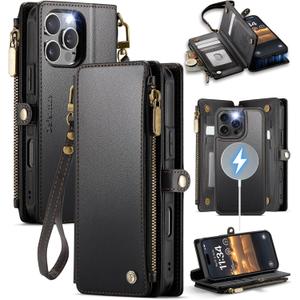 Defencase for iPhone 16 Pro Max Magnetic Wallet Case Compatible with Magsafe with RFID Blocking Zipper Strap Card Holder for Women Men PU Leather Detachable Case for iPhone 16 Pro Max (6.9"), Black