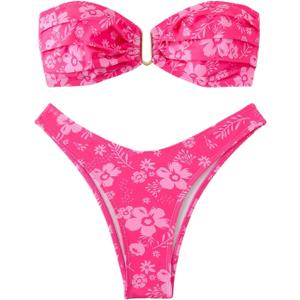 SHENHE Women's 2 Piece Strapless Swimsuit U Wire Floral Tie Back Ruched Bandeau Bikini with Thong Set (Medium, Pink)