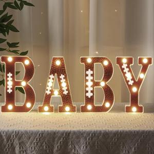 Realspring Baby Shower Sign Babe Marquee LED Letters Battery Operated Light up Centerpieces Glowing Home Table Party Decor for Boy Girl Gender Reveal Birthday, 8.26''(Football Baby, Brown)
