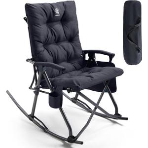 EVER ADVANCED Oversized Folding Rocking Camping Chair, Padded Portable Rocker Chair for Patio, Lawn and Outdoors, Heavy Duty Hard Armchair for Adults Supports 400lbs, Black