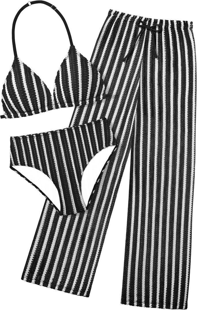 Girls Swimsuit V-Neck Halter Backless 3 Piece Bikini Sets with Cover Up Pants Stripe Bathing Suit for Girls 7-14 Years