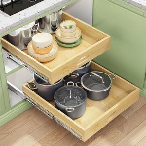 2Pack Pull Out Cabinet Organizer, Soft Close Wooden Slide Out Drawers for Pots, Full-extension Roll Out Shelves for Kitchen Cabinets, Pantry Organization, Bottom and Side Mount( 15"W X 21"D x 3.4''H)