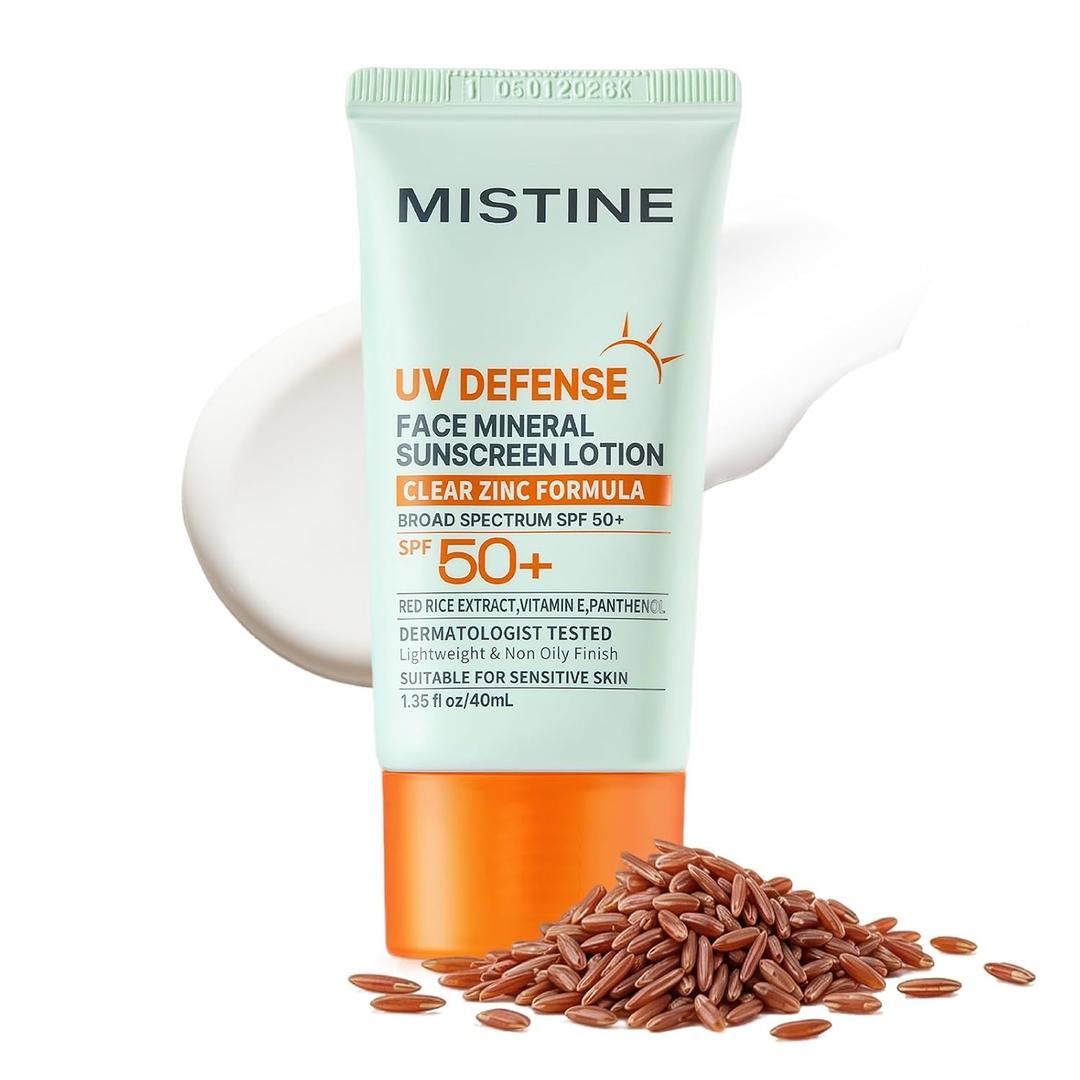 MISTINE Mineral Sunscreen Lotion SPF 50+, 17.88% Zinc Oxide Lightweight Non Oily Finish Korean Sunscreen for Sensitive Skin, Fragrance Free, Non comedogenic, Reef Safe, Travel Size-1.35 Fl Oz/40mL