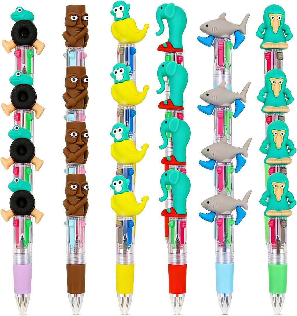 Rexinc Brainrot Party Favors 4-in-1 Pens, 24 Count Bulk Set of Multicolor Ballpoint Pens - 6 Unique Styles for Brainrot Birthday, Party Supplies & Kawaii Gifts with Assorted Ink