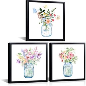 LyerArtork 3 Piece Flowers Wall Art Canvas Prints Butterfly Wildflowers in the Vase Floral Botanical Watercolour Painting Rustic Wall Decor for Living Room Bedroom Black Framed 12x12inchx3
