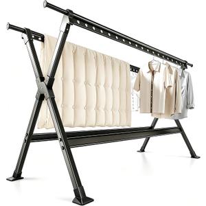 53-93 Inches Heavy Duty Outdoor Clothes Drying Rack, Aluminum Alloy & Carbon Steel Laundry Rack, 38 Windproof Hanging Holes & 4 Telescopic Hanging Rods, Large