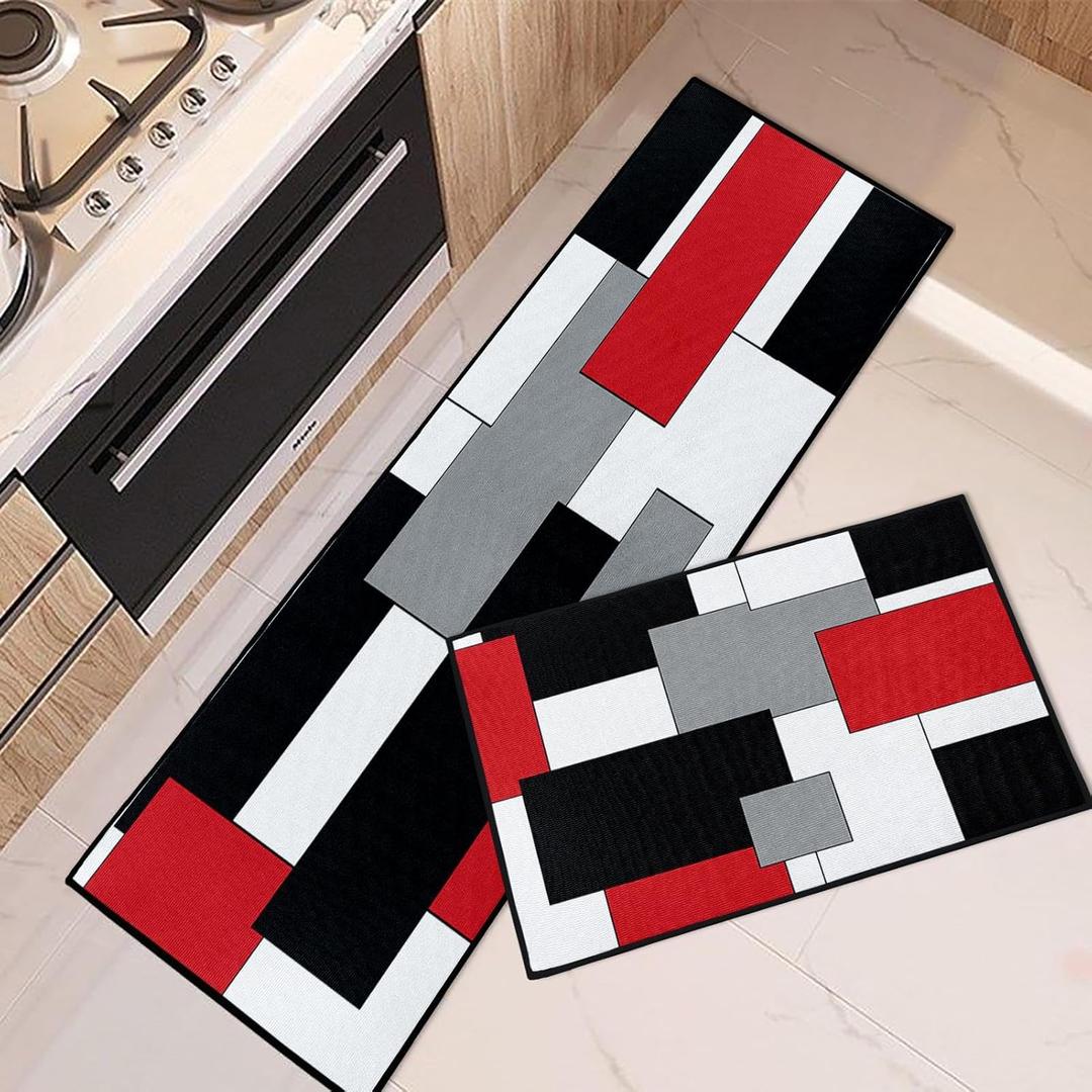Red Geometric Kitchen Rugs and Mats Non Skid Washable Set of 2, Checked Black Grey Mats for Floor, Rustic Minimalist Runner Rug, Modern Abstract Kitchen Decor