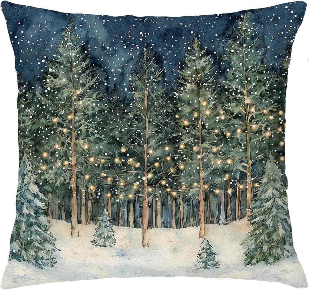 Rustic Christmas Forest Pillow Covers 18x18, Farmhouse Christmas Decor, Xmas Winter Snowflake Forest Decorative Throw Pillow Covers for Home Bedroom Living Room