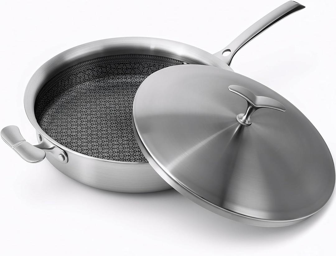 12 Inch Frying Pan Non Stick with Lid, Tri-ply Stainless Steel Saute Pan 5.2QT with Stainless Steel Lid, Fast and Even Heating Stay Cool Handles Induction Dishwasher & Oven Safe PFOA Free Cookware