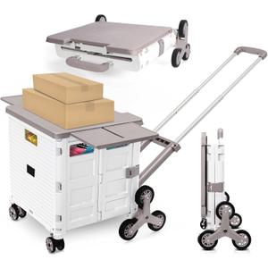 Foldable Utility Cart with Stair Climbing Wheels,Collapsible Rolling Crate with Magnetic Lid Telescopic Cover,Adjustable Telescoping Handle,360° Rotate Wheel Hand Cart for Teacher Shopping Moving