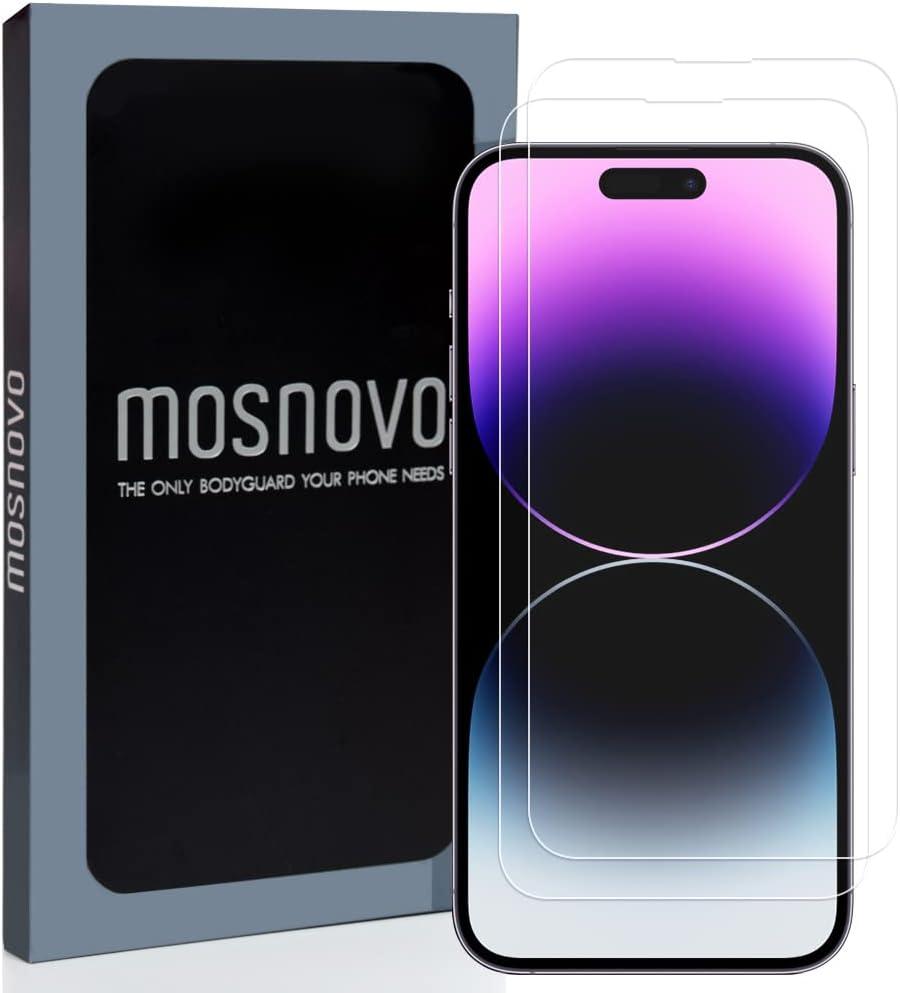 3 x MOSNOVO Premium Glass Screen Protector for iPhone 14 Pro [Guidance Frame Include] (Pack of 2) [Easy Install][Anti Scratch][Advanced HD Clarity][Bubble Free][Case Friendly]