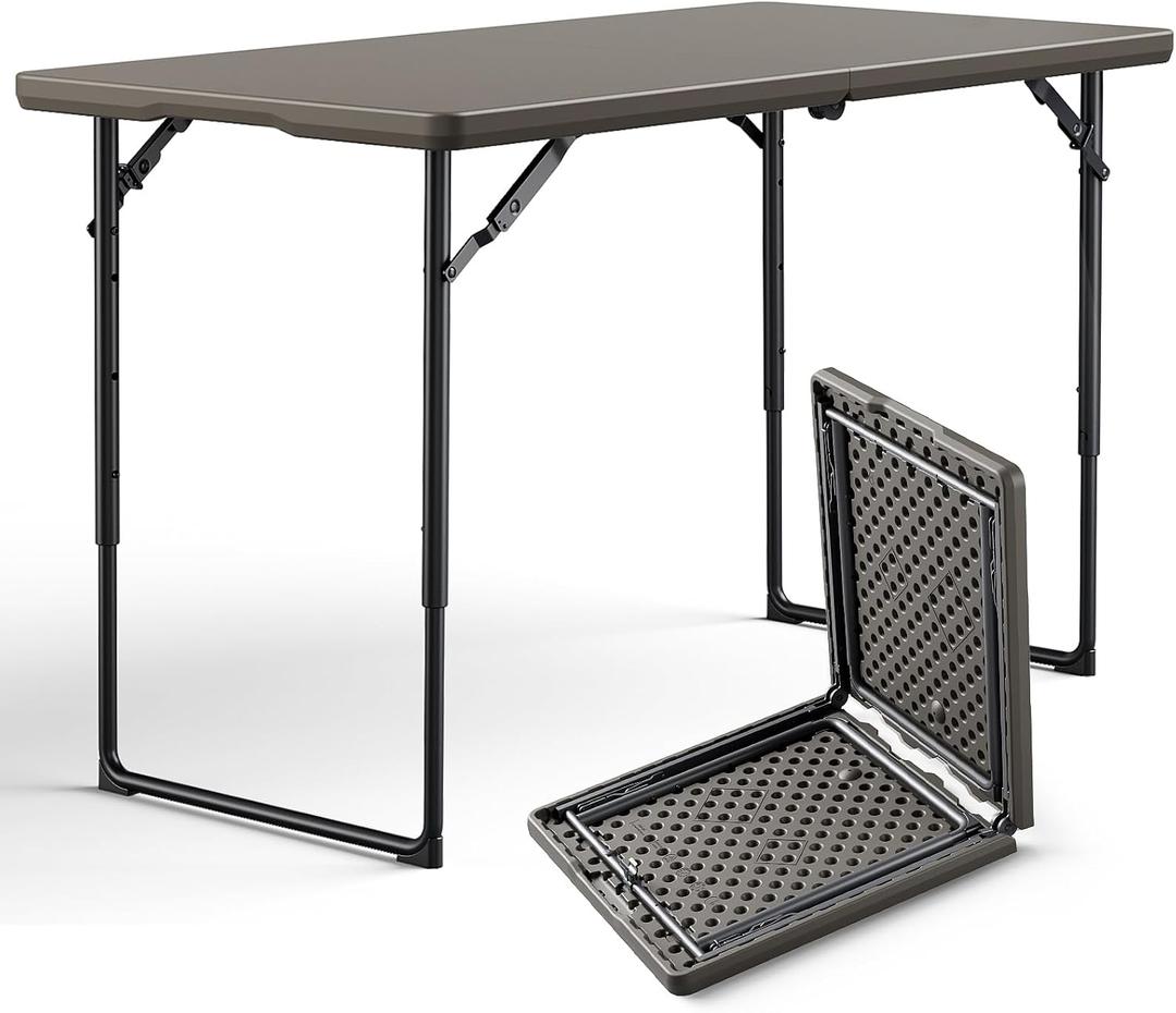 Folding Table, 4FT Foldable Picnic Table with Carrying Handle, Heavy Duty Fold-in-Half Portable Table for Weddings, Camping, RV Travel, Parties, BBQs, and Indoor Use, Easy to Fold and Store, Khaki