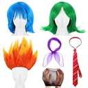 Blue Cyan Purple Wigs Set for Women Halloween Cosplay Party 3 Pieces Costume Synthetic Wig with Wig Cap Black Round Frame Glasses Anime Character Styling Accessories