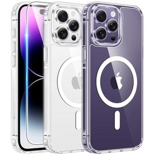 FNTCASE for iPhone 14 Pro-Max Case: Clear Magnetic Phone Cases with Screen Protector Compatible with Magsafe Slim Anti Yellowing Rugged Shockproof Protective Transparent Cell Cover (A-Clear)