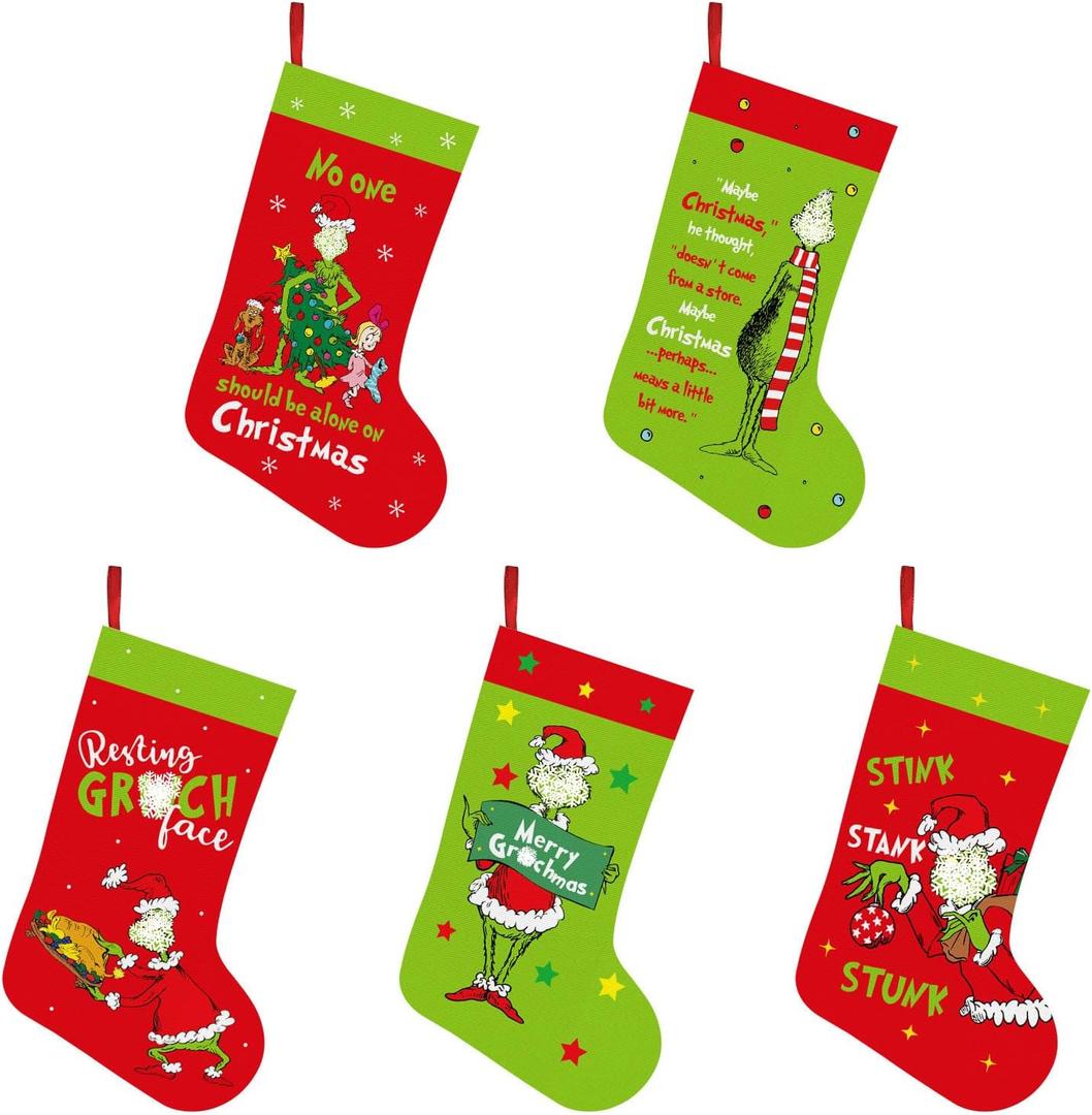 Funny Christmas Stocking, 5 Pack 16 Inch Large Xmas Stockings, Whoville Christmas Decorations, Holiday Party Supplies, Fireplace Mantel Christmas Tree Ornaments, White Elephant Gifts for Women Men (Multicolor)