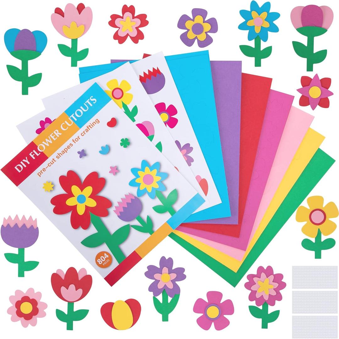 804 Pcs Spring Flower Pre-Cut Cutouts Set, Colorful Floral Paper Cutting, Assorted Flower Leaves Shape Cut-Outs for Spring Party Back to School Bulletin Board DIY Crafts Supplies