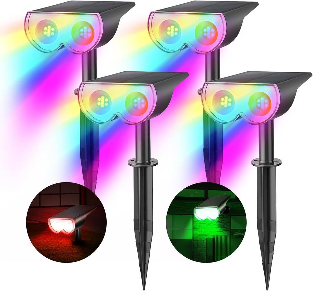 Consciot Solar Spot Lights Outdoor, Halloween Decorations 22 LEDs IP67 Waterproof Color Changing Solar Outdoor Lights, 8 Colors, 2-in-1 Adjustable Wall Lights for Garden Yard Pathway, 4 Pack (RGB)