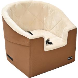 Amazon Basics Pet Car Booster Bucket Seat for Small Pets up to 25lbs, Machine Washable Cover, Clip-On Safety Leash, 18" x 18" x 16", Tan