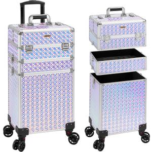3 in 1 Rolling Makeup Train Case Professional Large Cosmetic Trolley Cosmetology Case on Wheels Traveling Cart Trunk for Hairstylist Artist Nail Beauty Salon Barber, Silver
