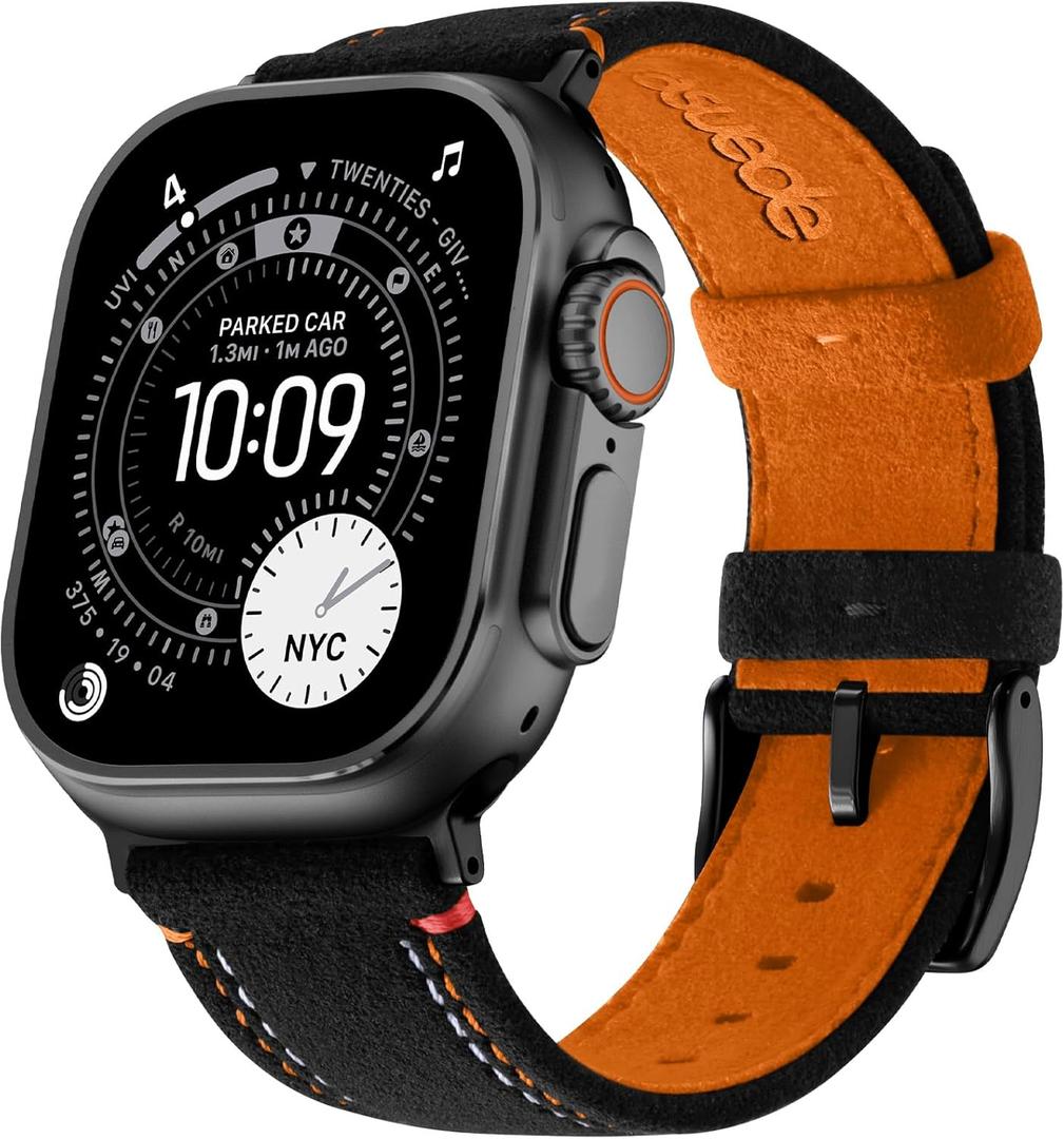 Bandletic Compatible with Apple Watch Ultra 3 2 1 Band 49mm for Men, Suede Leather Bands Breathable Replacement Strap for iWatch Series 11 10 (46mm), 9 8 7 (45mm), SE3 SE2 SE 6 5 4(44mm), Black/Orange