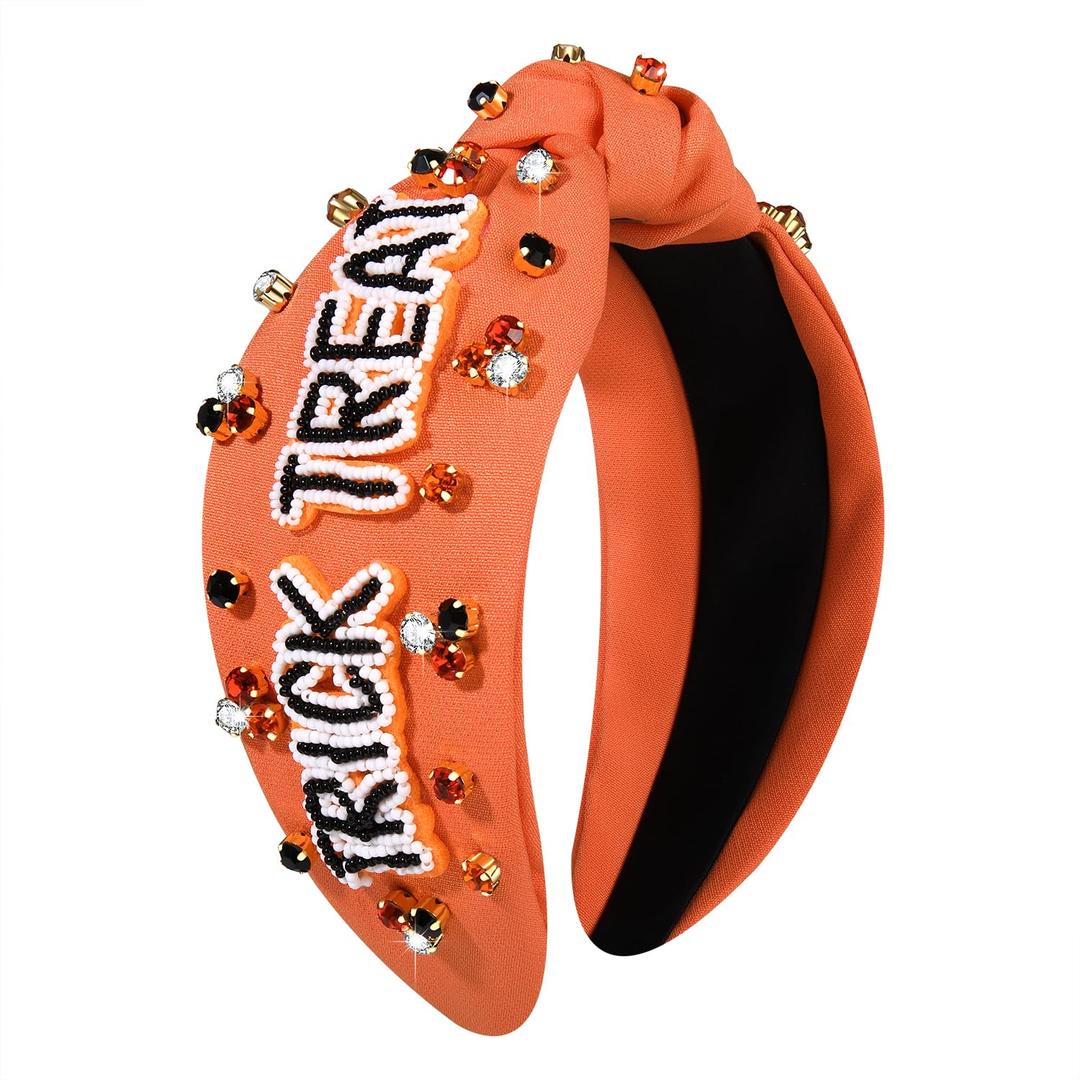 Halloween Pumpkin Ghost TRICK TREAT Headband Pearl Rhinestone Beaded Jeweled Knotted Wide Headband Halloween Makeup Costume
