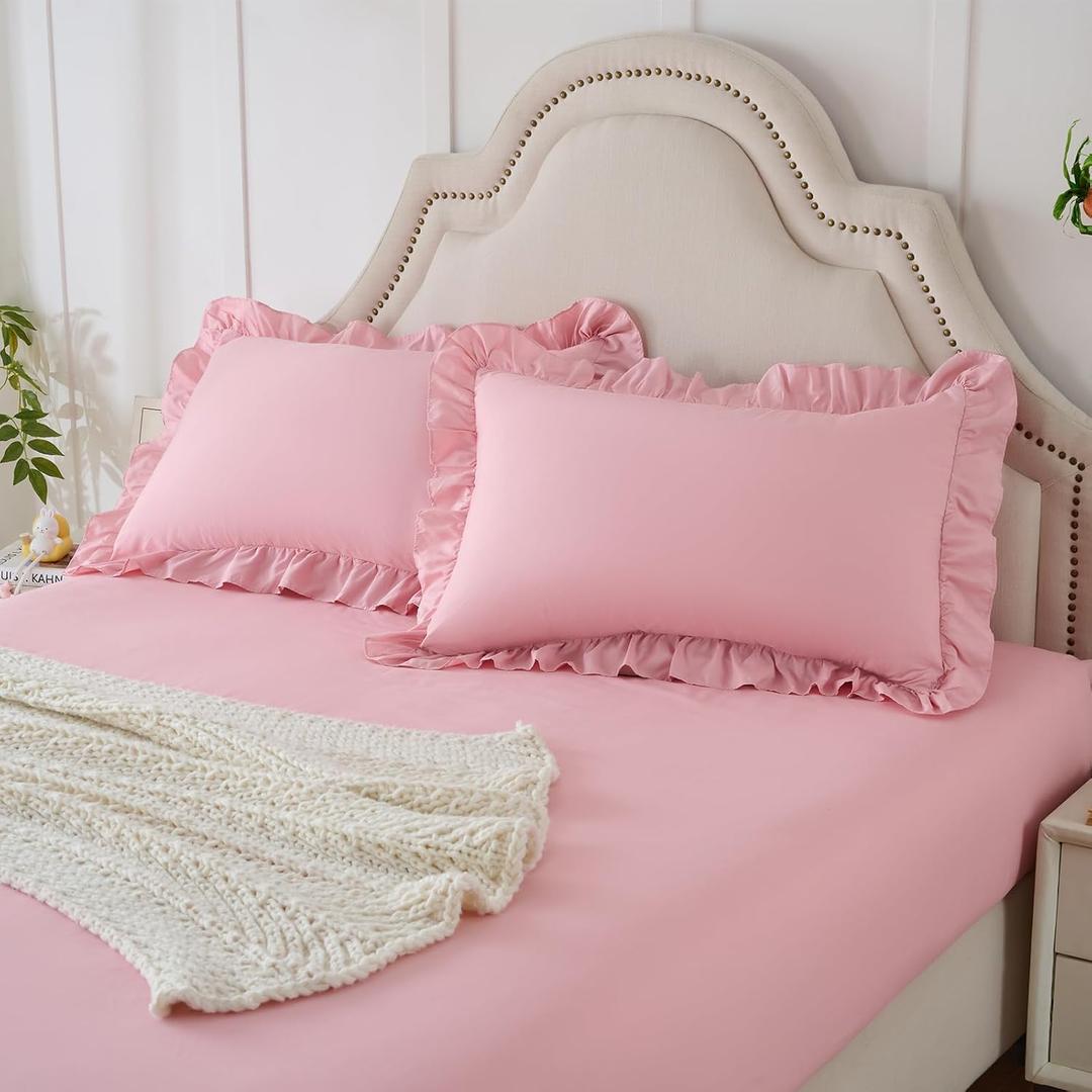 Homiest 2-Pieces Ruffle Pillow Case & Fitted Sheet Set, Light Pink Twin Sheets with Ruffled Pillow Shams, 15 Inch Deep Pocket, Cute & Coquette Microfiber Bed Set for Decorating Bedroom Hotel