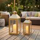 JHY DESIGN Set of 2 Gold Decorative Candle Lanterns 17.5"&13.5" H Metal Hanging Candle Holders for Indoor Outdoor Home Decor Paritie Wedding Ramadan