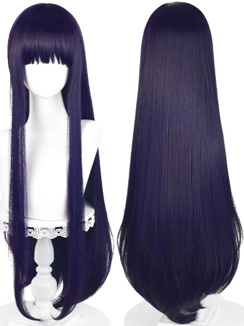 Half and Half Long Straight Purple Anime Wig with Bangs for Shirakiin Riricho Cosplay 36'' Dark Purple Wigs Deep Purple Synthetic Hair Wigs for Women Party Halloween Daily Costumes