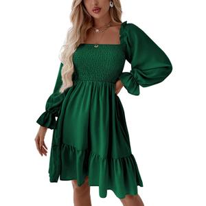 LYANER Women's Square Neck Lantern Long Sleeve Shirred Ruffle A Line Flowy Party Mini Dress (Green) Large
