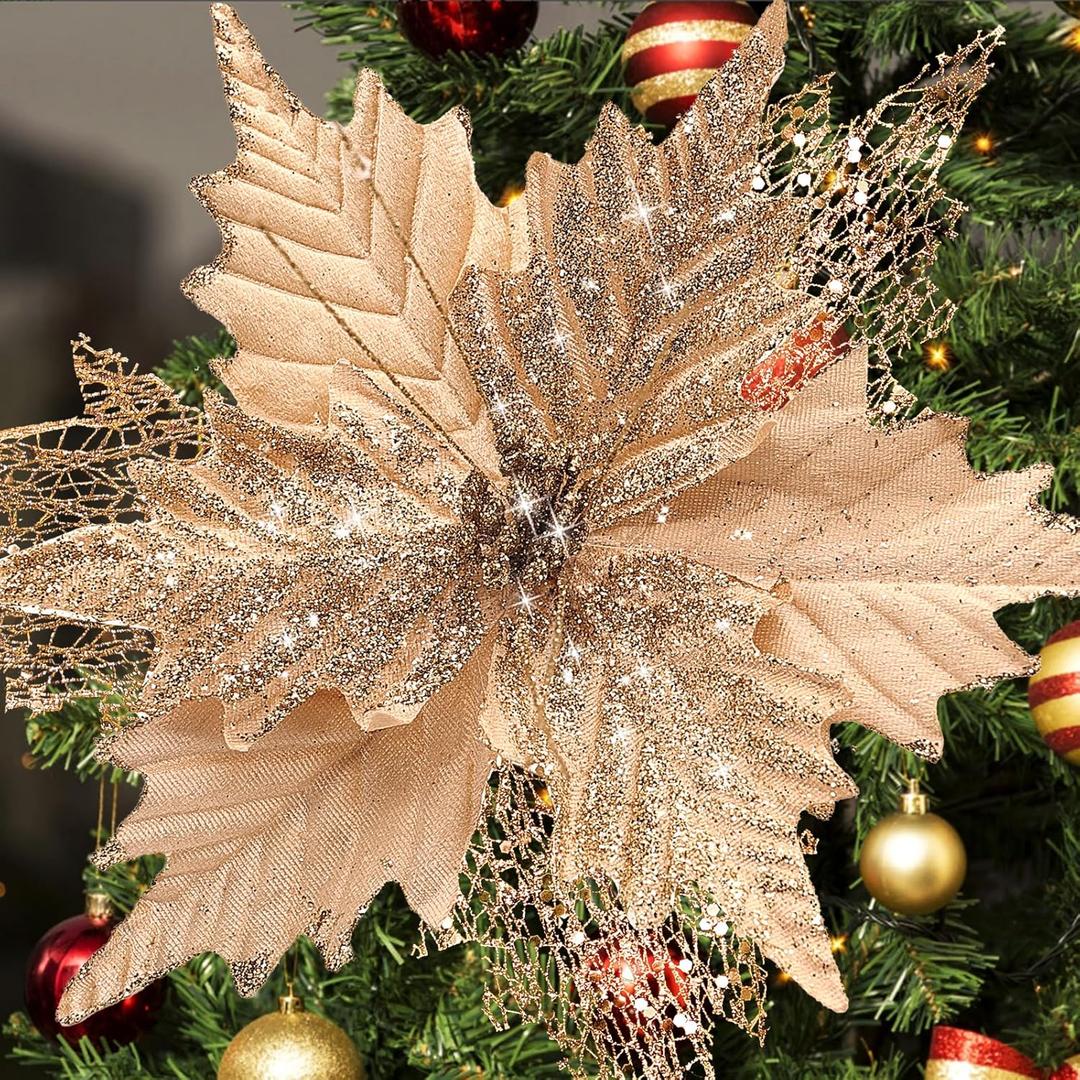 10'' Large Christmas Glitter Poinsettia Flowers Decorations, stadeco 10 Pcs Christmas Tree Picks Ornaments Artificial Flowers with Long Stems for Xmas Tree Wreath Garland Party DIY Holiday Decor (Champagne)