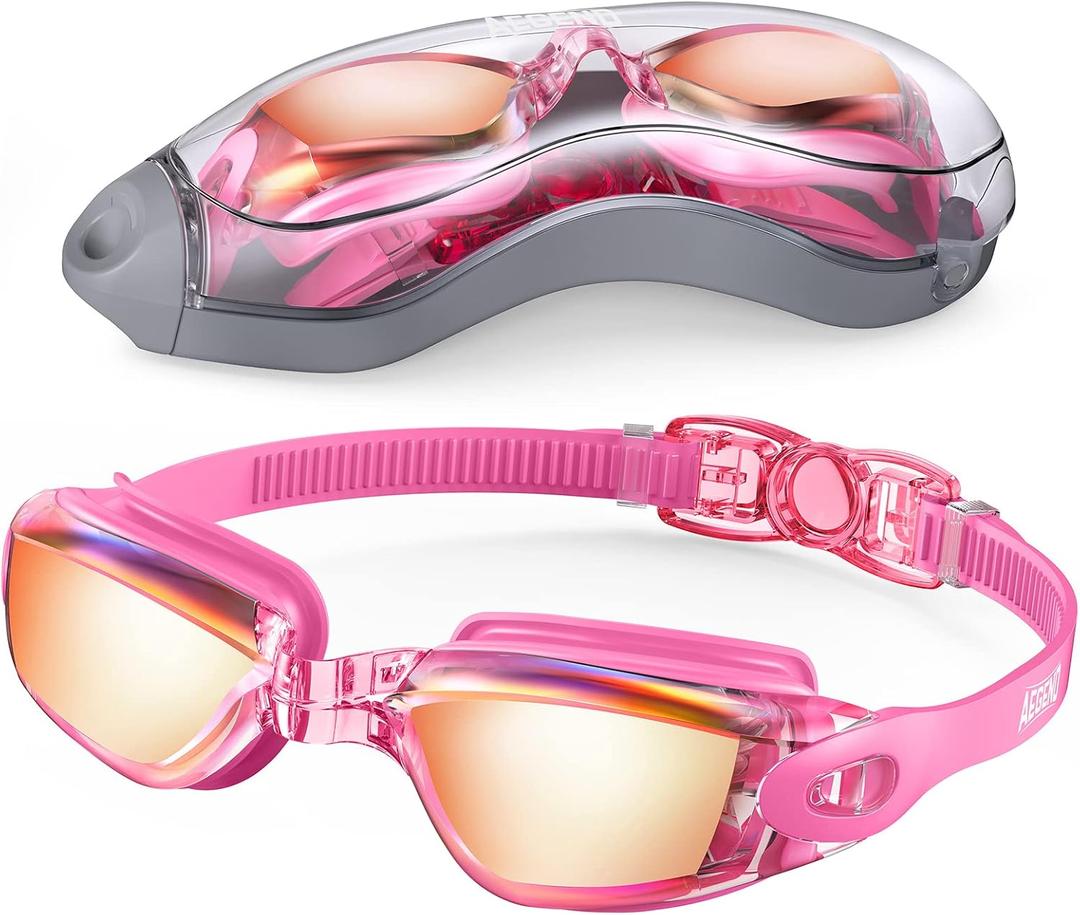Aegend Swim Goggles, Swimming Goggles No Leaking Full Protection Adult Men Women Youth, Rose Red Sliver