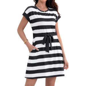 Women's Summer Dresses 2025 Striped Cap Sleeve T Shirt Crewneck Casual Dress A Line Tie Waist with Pockets