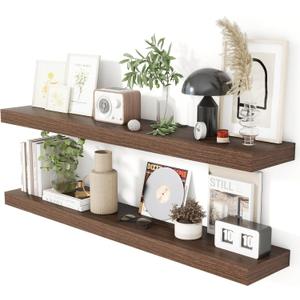 Heimlove 48 Inch Floating Shelves for Wall 8 Inch Deep Walnut Shelves Set of 2,Wall Mounted Rustic Wood Long Floating ShelfLarge Display & Storage Shelf with Invisible Brackets